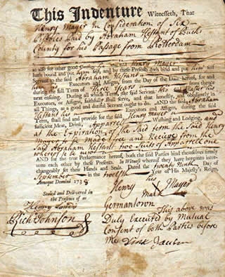 An actual indenture certificate, this one from 1738, Germantown. No enlargement available.