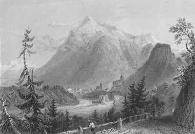 The entrance to Simmenthal in Canton Bern, Switzerland, by Bartlett in 1836.