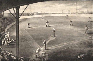 An early game in the Boston South End Grounds Baseball park, built in 1888.